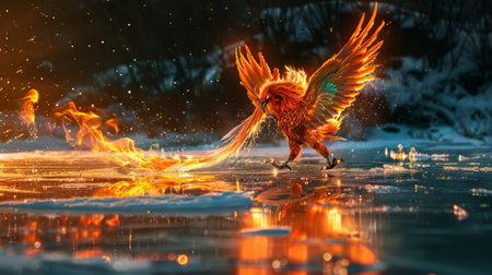 A phoenix dancing on the surface of a frozen lake, leaving trails of fire in the ice as it skatesの素材