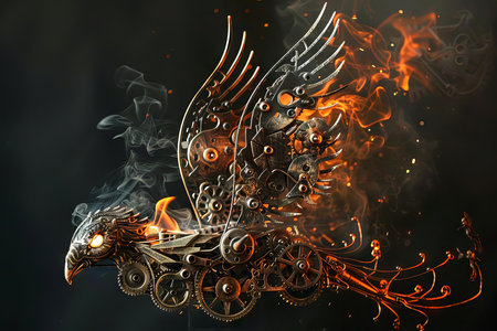 A mechanical phoenix made of iron and gears, flames burning within its core as it takes flightの素材