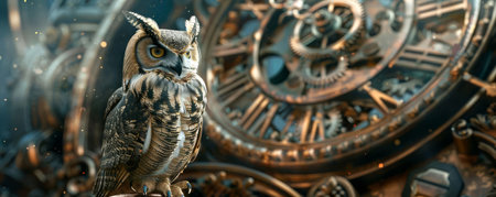 A mechanical owl perched atop an ornate clock, gears visible through its body as it ticks in harmonyの素材