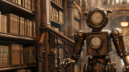 A steampunk robot with a clock face for a head and gears for joints, navigating an old libraryの素材