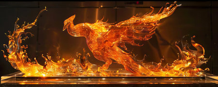 A phoenix sculpture made of molten glass, glowing orange and red in the reflection of a bonfireの素材