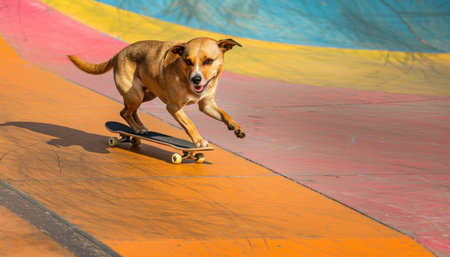 Dog riding a skateboard in a skate park. Selective focus.の素材