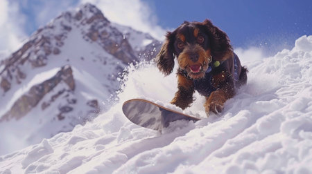 Cute long-haired dachshund snowboarding in the mountainsの素材