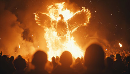 A phoenix rising from a massive bonfire at a festival, illuminating the faces of onlookers in the crowdの素材