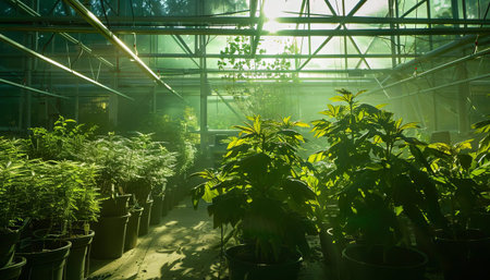 A biotech greenhouse where scientists cultivate genetically engineered plants with luminescent leavesの素材