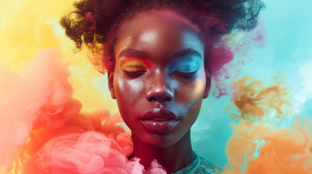 A beautiful dark-skinned woman with bright, colorful makeup and her eyes closed.の素材
