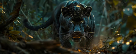 A black panther prowling silently through the jungle at dusk, eyes shining with determinationの素材