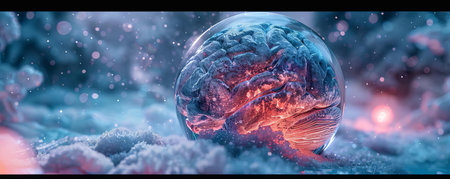 A brain trapped in an ice sphere, with cracks starting to form as heat lamps shine down on itの素材