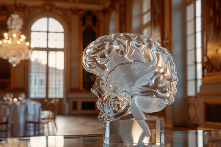 A brainshaped ice sculpture inside a grand banquet hall, melting as warm light pours through windowsの素材