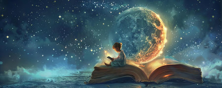 A child sitting on a bookshaped moon, reading by the light of the stars aboveの素材