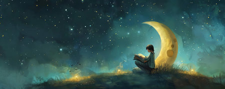 A child sitting on a bookshaped moon, reading by the light of the stars aboveの素材