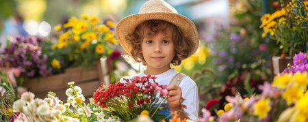 A child selling flowers from a lemonade standstyle booth, arranging colorful bouquets picked from the gardenの素材