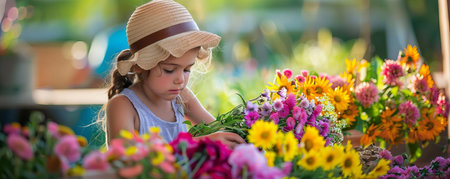 A child selling flowers from a lemonade standstyle booth, arranging colorful bouquets picked from the gardenの素材