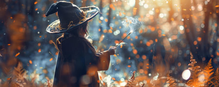 A child wearing a wizard hat and robe, casting spells with a wand in a makebelieve enchanted forestの素材