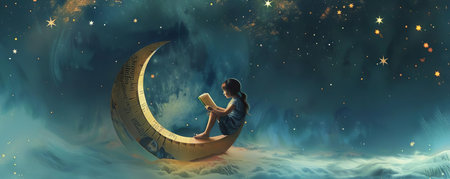 A child sitting on a bookshaped moon, reading by the light of the stars aboveの素材