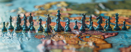 A clever photo manipulation of people as chess pieces on a world map board, strategizing about global population managementの素材