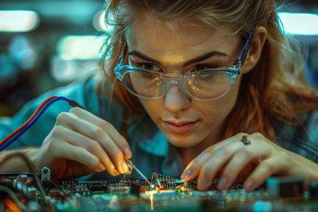 A closeup shot of a woman engineer soldering components on a small wearable deviceの素材