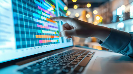 A closeup of a project timeline chart on a laptop screen, with hands pointing to critical milestonesの素材