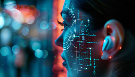 A closeup of an advanced biometric ear scan technology being used on a person wearing smart earphonesの素材