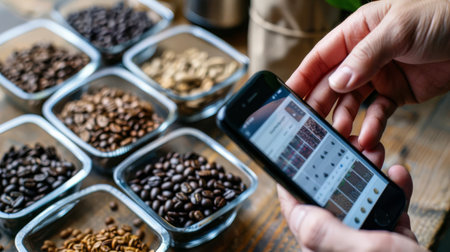 A coffee lover on a smartphone exploring subscription options for international coffee beansの素材