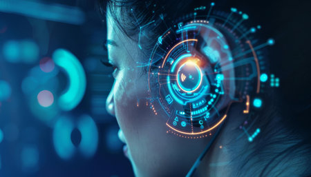 A closeup of an advanced biometric ear scan technology being used on a person wearing smart earphonesの素材