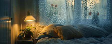 A cozy bedroom scene through frosted glass, where pillows and lamps soften into comforting shadowsの素材