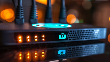 A closeup of a secure wireless router, with glowing lights and a digital padlock icon displayed prominentlyの素材