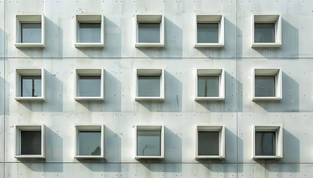A clean architectural design with a repeating pattern of windows and wallsの素材