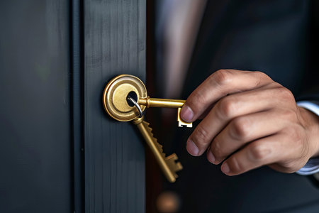A closeup of a businessperson placing a golden key into a lock, symbolizing unlocking new investment opportunitiesの素材