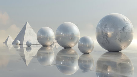 A clean, geometric arrangement of spheres and pyramids aligned perfectly on a reflective surfaceの素材