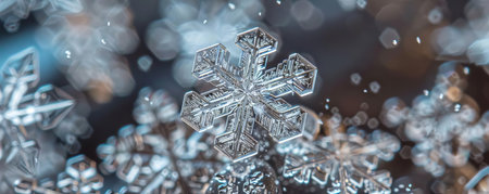 A closeup of snowflakes showing unique crystalline patterns under a microscopeの素材