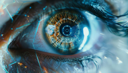 A closeup of an eye being scanned with advanced iris recognition technology for secure accessの素材