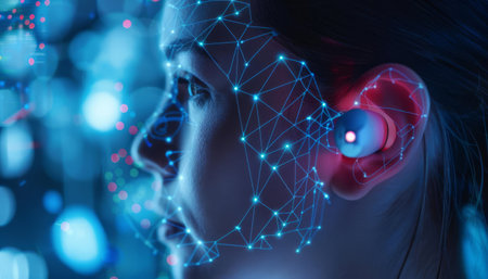 A closeup of an advanced biometric ear scan technology being used on a person wearing smart earphonesの素材