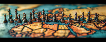 A clever photo manipulation of people as chess pieces on a world map board, strategizing about global population managementの素材