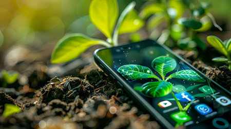 A closeup of a smartphone made from biodegradable materials, displaying a social media app focused on sustainable lifestylesの素材