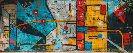 A creative visualization of a strategy map painted on an urban wall, showing different routes to successful fundingの素材