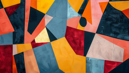 A cubistinspired geometric pattern with fragmented shapes and bold color blocksの素材