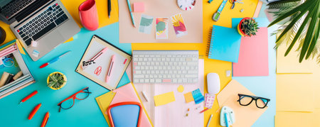 A creative freelancer s colorful desk with mood boards, design tools, and a stylish ergonomic chairの素材