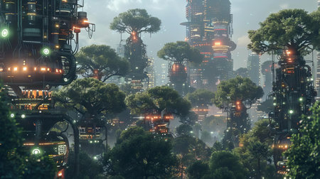 A cyberpunk graphic of a city park where all trees integrate organic brains and mechanical gears, thriving in harmonyの素材