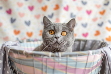 A cute gray kitten is sitting in a basket and looking at the camera. The kitten has big green eyes and a pink nose. The basket is made of pink and blue fabric and has a white handle. The kitten is surrounded by colorful hearts.の素材