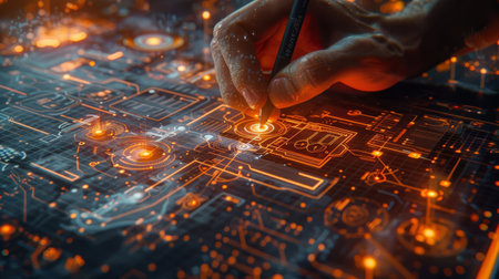 A detailed closeup of a hand drawing complex circuitry designs on a digital drawing tabletの素材