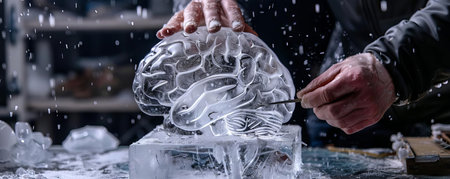 A detailed brain encased in a block of ice being carefully chipped away by an ice sculptorの素材