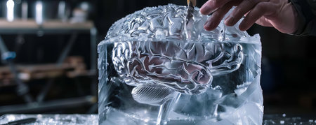 A detailed brain encased in a block of ice being carefully chipped away by an ice sculptorの素材