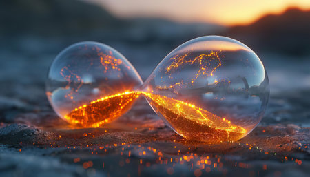 An abstract design of a solarpowered hourglass, where the sands are tiny glowing particles of energyの素材