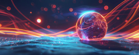 An abstract neon orb spinning above a dark void, like a futuristic planetary systemの素材