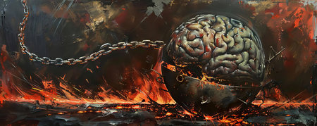 An abstract painting of a brain inside a metal sphere, chains keeping it floating above flamesの素材