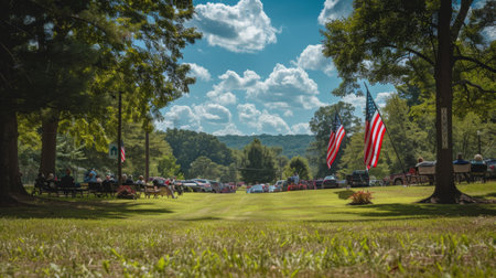 A lush green field with a view of a large gathering in the distance, framed by trees with flags waving in the wind.  The sky is blue with fluffy white clouds.の素材