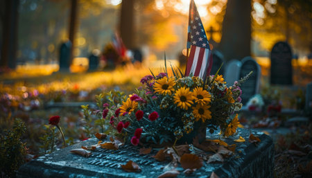 A  bouquet of sunflowers and red flowers rests on a grave in a cemetery, with an American flag waving in the background. The scene is bathed in the warm light of the setting sun.の素材