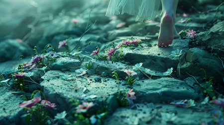 An avantgarde concept where a dancer leaves footprints that sprout flowers and plants along a rocky pathの素材
