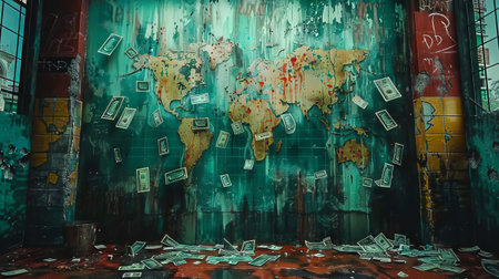 An image of a world map painted on a wall, with currency symbols raining down like weather patternsの素材
